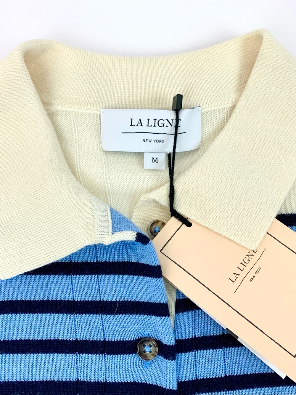 La Ligne Merino Wool Blue and Cream Striped Short-Sleeve Polo Sweater - Picture 2 of 4